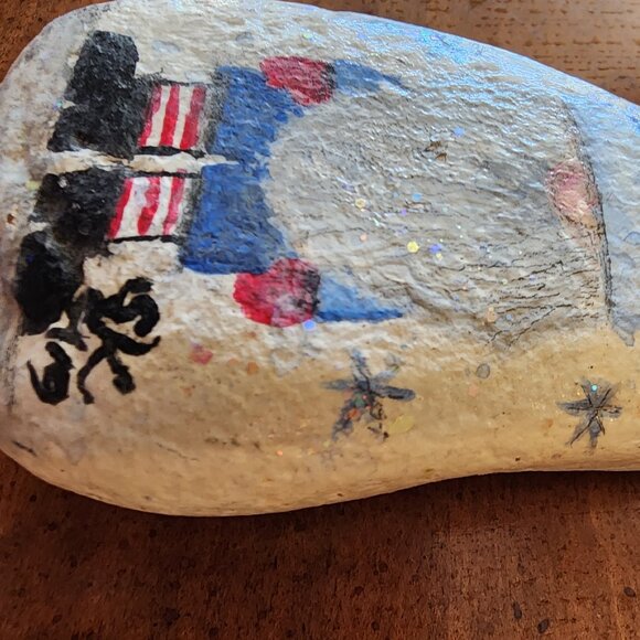 Christmas Holiday Gnome in Blue Santa Outfit with Snow Sparkles on a River Rock - Picture 7 of 10